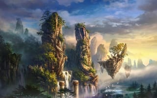 Картинка горы, остров, пейзаж, водопад, облака, туман, колонны, птицы, скалы, деревья, арт