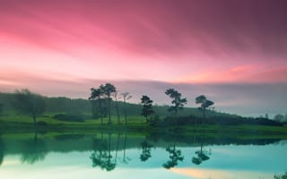 Картинка природа, берег, река, небо, розовое, зеленый