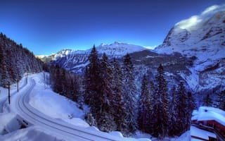 Картинка альпы, железная дорога, швейцария, деревья, домик, зима, снег, ели, горы