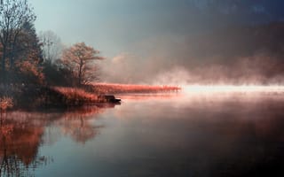 Картинка туман, природа, пар, озеро, осень, река, берег, утро