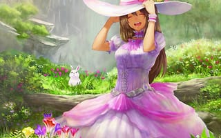 Картинка цветы, белый, шляпа, эмоции, платье, девушка, заяц, арт, бревно, радость, кролик