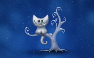 Картинка дерево, зима, улыбка, чеширский кот, снежинки