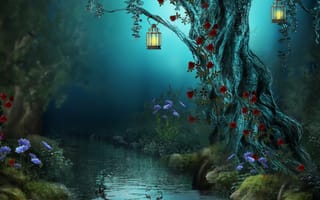 Картинка roses, Fantasy, red roses, lamps, flowers, forest, nature, лес, цветы, river, night