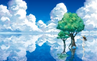 Обои арт, вода, деревья, отражение, бумажный самолетик, озеро, пейзаж, девочка, облака, шляпа