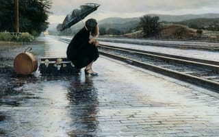 Картинка дождь, девушка, перрон, грусть, расставание, чемодан