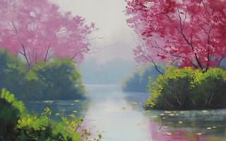 Картинка пейзаж, озеро, холст, цветение, деревья, листья, арт, вода, отражение