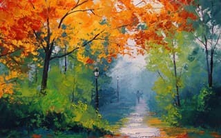 Картинка осень, деревья, прохожий, дорожка, желтые, парк, фонари, человек, арт