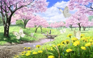 Картинка весна, сакура, арт, мост, река, ручей, пейзаж, прогулка, девочки, одуванчики, речка, бабочки