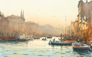 Картинка рассвет, лодки, каналы, венеция, акварель