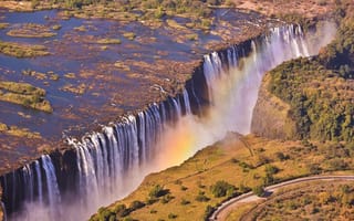 Картинка водопад, дорога, радуга, Виктория, замбия, африка