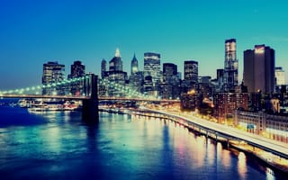 Картинка нью-йорк, город, сооружение, ночь, огни, нижний манхэттен, небоскребы, здания, мост
