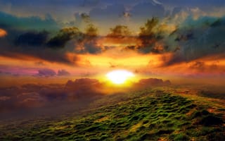 Картинка Облака, рассвет, солнце, лучи, луг