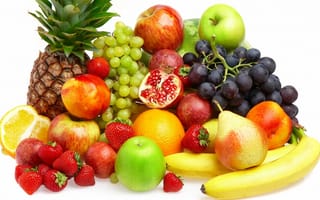 Обои ягоды, фрукты, клубника, груши, яблоки, персики, апельсин, ананас, бананы, виноград