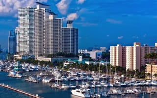 Картинка вода, США, небоскребы, порт, яхты, здания, Miami