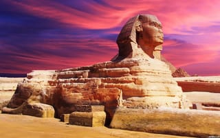 Картинка история, сфинкс, достопримечательность, небо, закат, песок, египет, краски
