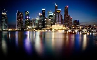 Обои вода, мегаполис, ночной, отражение, город, небоскребы, огни, сингапур