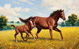 Картинка лошадь, луг, жеребёнок, живопись