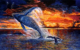 Картинка море, арт, закат, robert lyn nelson, кит