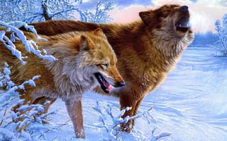 Обои волки, зима, lee kromschroeder, арт, снег