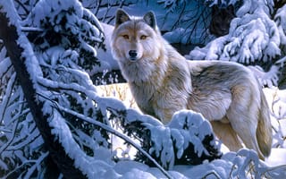 Обои зима, снег, лес, волк, jerry gadamus, арт