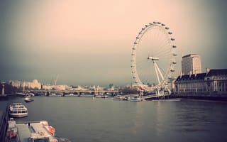 Картинка лондон, здания, колесо обозрения, лондонский глаз, город, небо, река, дома, великобритания