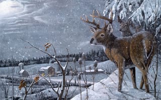 Картинка деревня, снег, зима, david h bollman, арт, олень