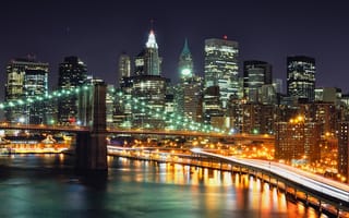Обои мост, нью-йорк, огни, небоскребы, ночь