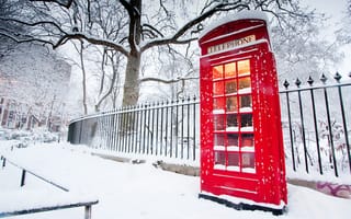Картинка забор, телефонная будка, зима, красная