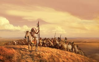 Картинка индейцы, лошади, небо, рисунок, картина, воля, вожак, воины, облака, трава, поле