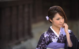 Картинка цветок, девушки, красивая, кимоно, девушка, лицо, шатенка, азиатка, японка, взгляд