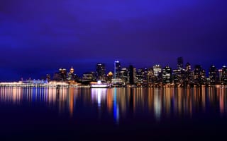 Картинка Британская Колумбия, Ванкувер, ночь, огни, река, Канада, подсветка, небоскребы, отражение
