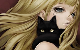 Картинка девушка, черный, котик