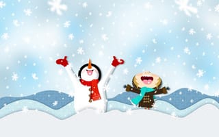 Картинка Девочка и снеговик ловят ртом снежинки