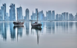 Картинка Лодки на фоне небоскребов, Доха, Катар