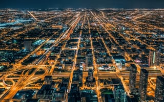 Картинка Вид на ночной Чикаго с высоты, Иллинойс, США