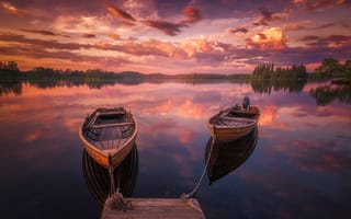 Обои закат, lake, boat, water, sunset, вода, небо, лодка, reflection, sky, озеро, отражение