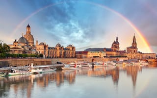 Картинка небо, sky, город, Germany, корабль, Dresden, река, Дрезден, river, rainbow, ship, Германия, city, радуга