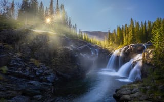 Картинка водопад, stone, waterfall, water, sunrise, камень, вода, dawn, рассвет