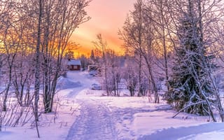 Обои закат, снег, дом, winter, House, sunset, snow, зима