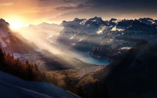 Картинка озеро, заттель-хохштукли, лучи солнца, швейцария, горы, альпы, утро, панорама