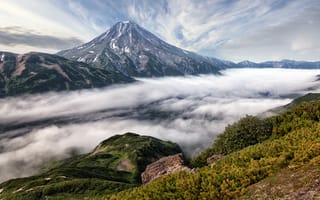 Картинка горы, россия, вулкан, камчатка, туман