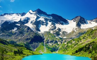 Обои снег, озеро, горное озеро, бирюзовое горное озеро, горы