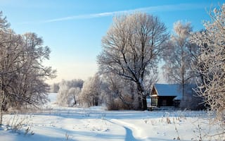Картинка снег, зима, деревня, россия, поле, дом
