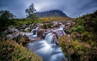 Картинка водопад, река, buachaille etive mor, ручей, горы, шотландия, облака