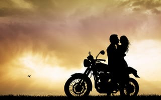 Картинка мотоцикл, силуэт, небо, пара, любовь