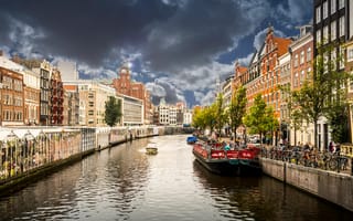 Картинка лодка, баржа, нидерланды, амстердам, город, канал