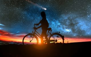Картинка звезды, девушка, велосипед, метеор, ночь