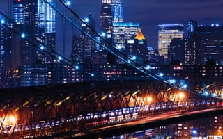 Картинка сша, мост, небоскребы, ночь, нью-йорк, город, вильямсбургский мост