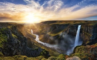 Обои закат, солнце, исландия, хауифосс, река, водопад