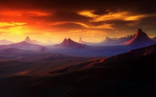 Картинка закат, пустыня, графика, горы